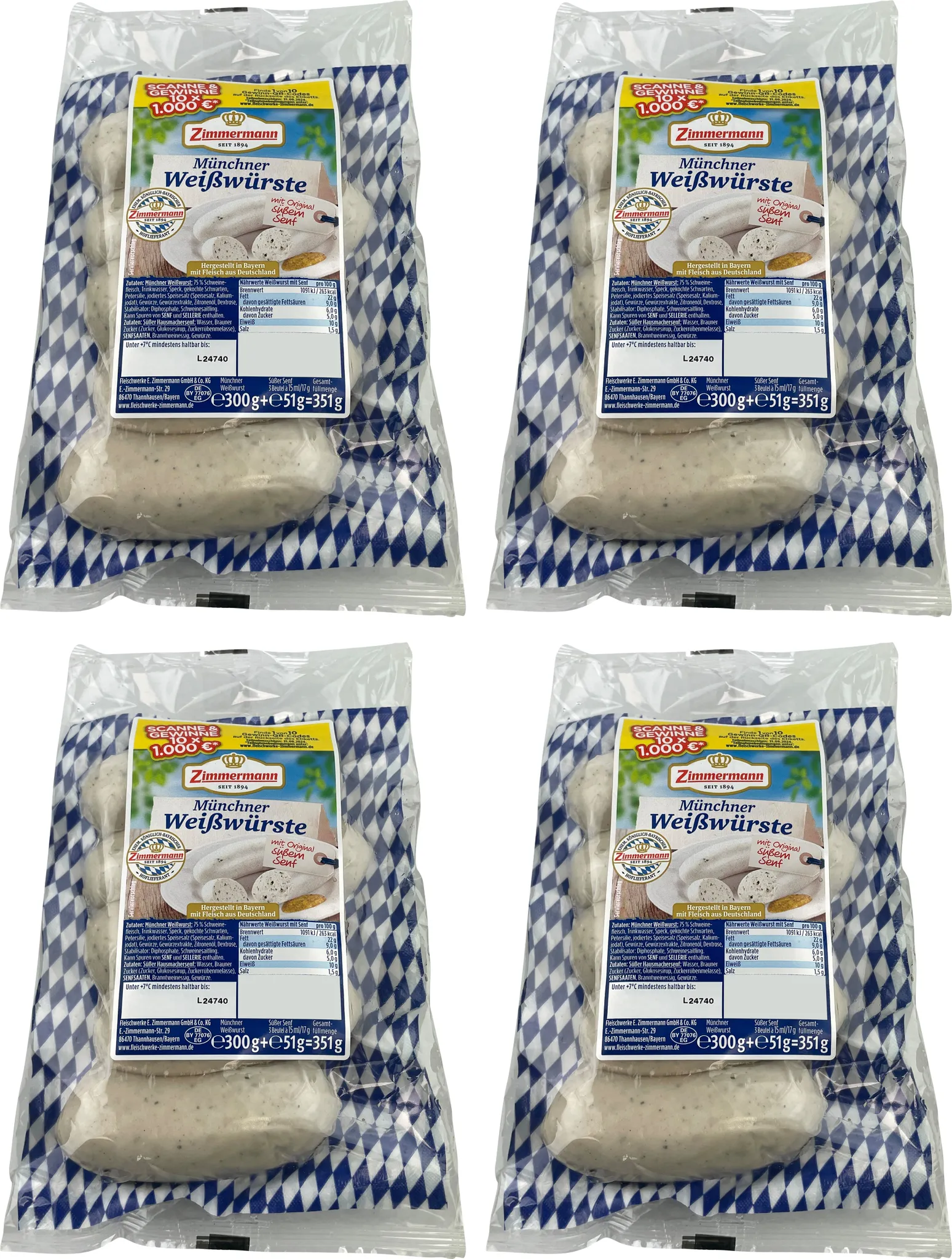 Food-United Münchner Weißwürste Set 4×351 g – Bayerische Brühwürste mit süßem Senf