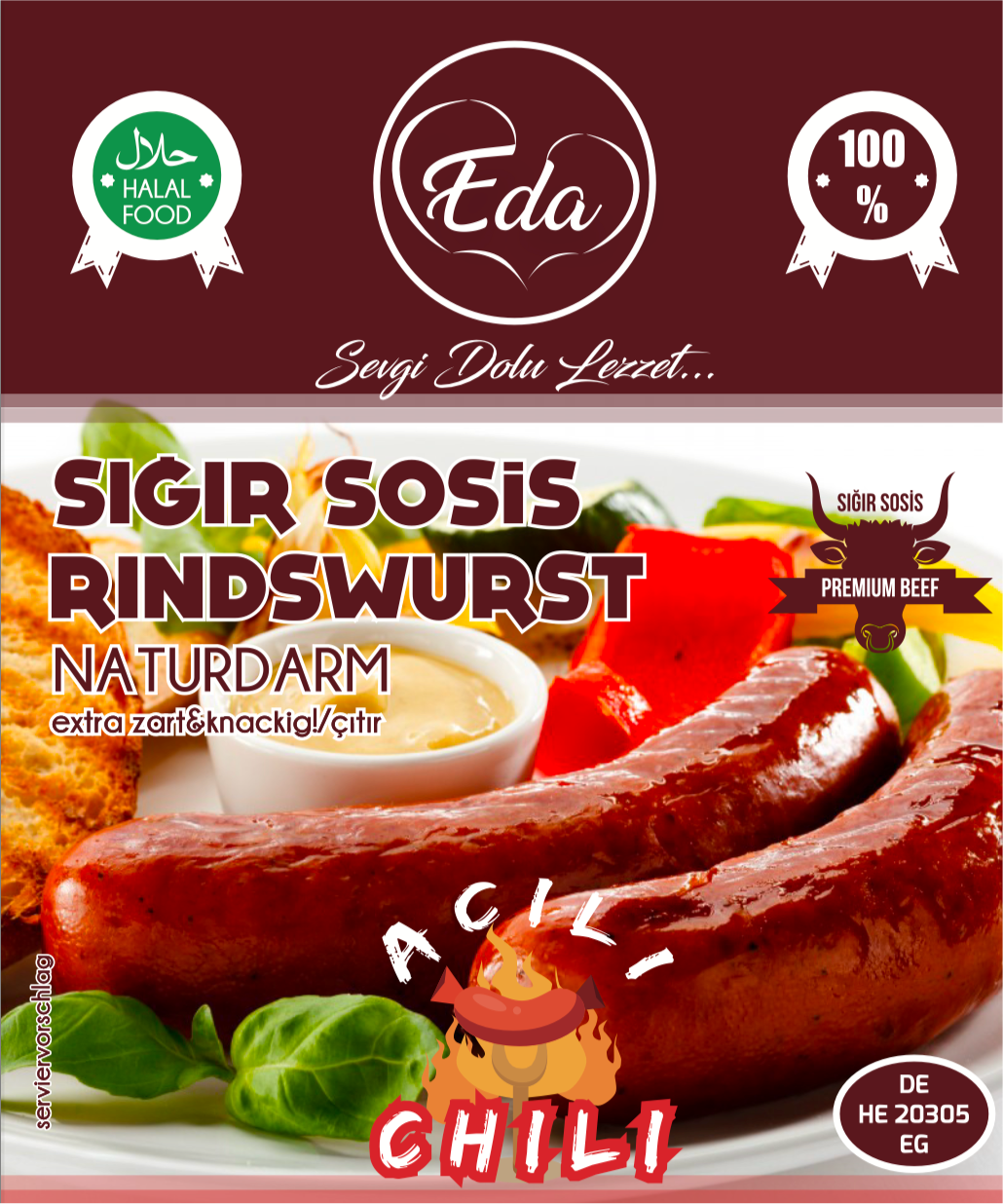 Halal Rindwurst Scharf – 720g | Würzige Grillwurst im Naturdarm aus 100 % Rind